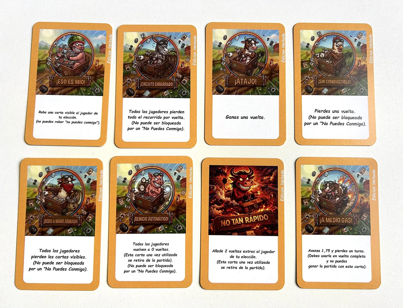 Ocho cartas de la expansión: Eso es mío, Circuito embarrado, Atajo, Sin combustible, Robo a mano armada, Reinicio automático, No tan rápido y A medio gas