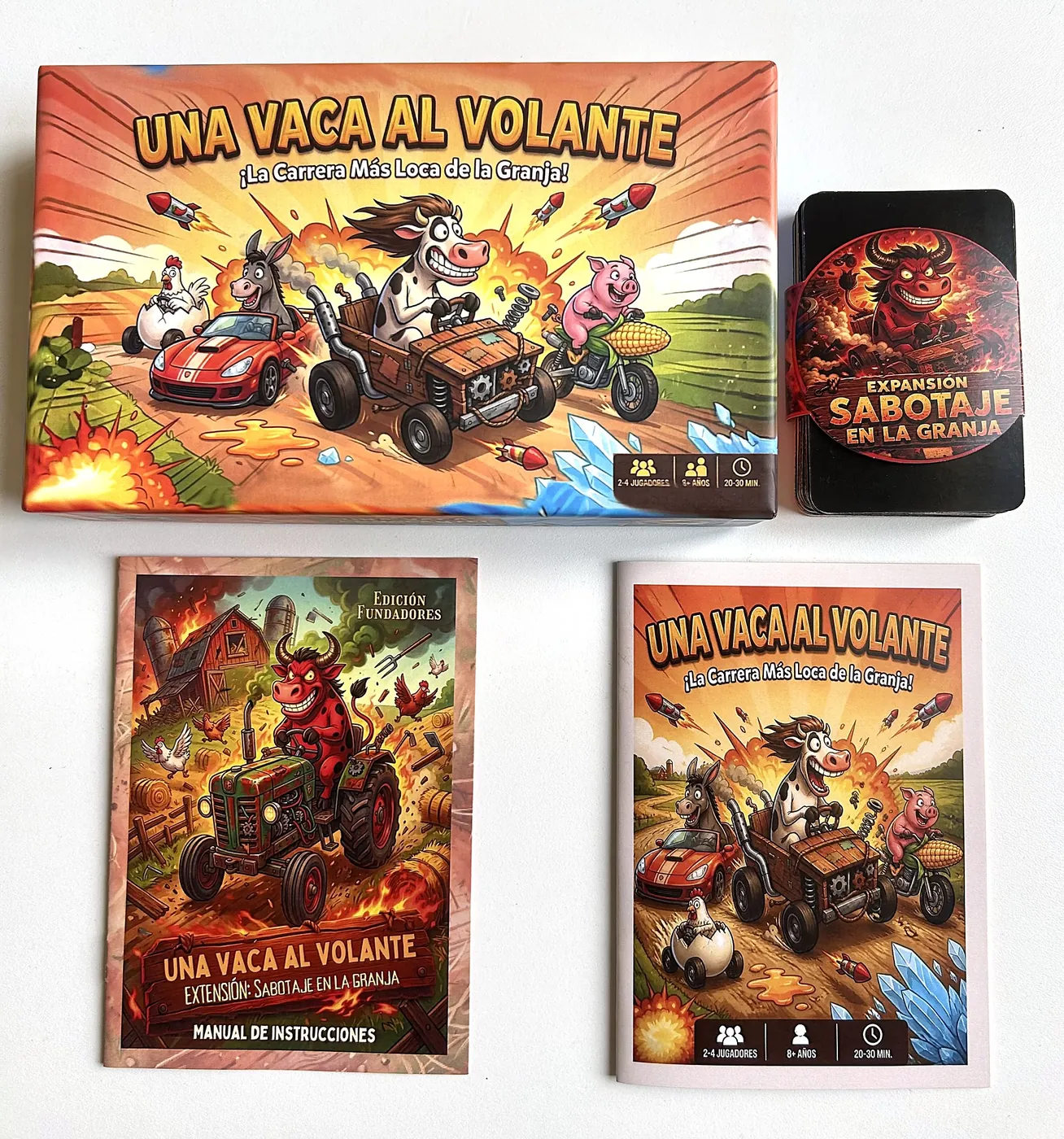 Caja de Una Vaca al Volante con el mazo y el manual de la expansión Sabotaje en la Granja